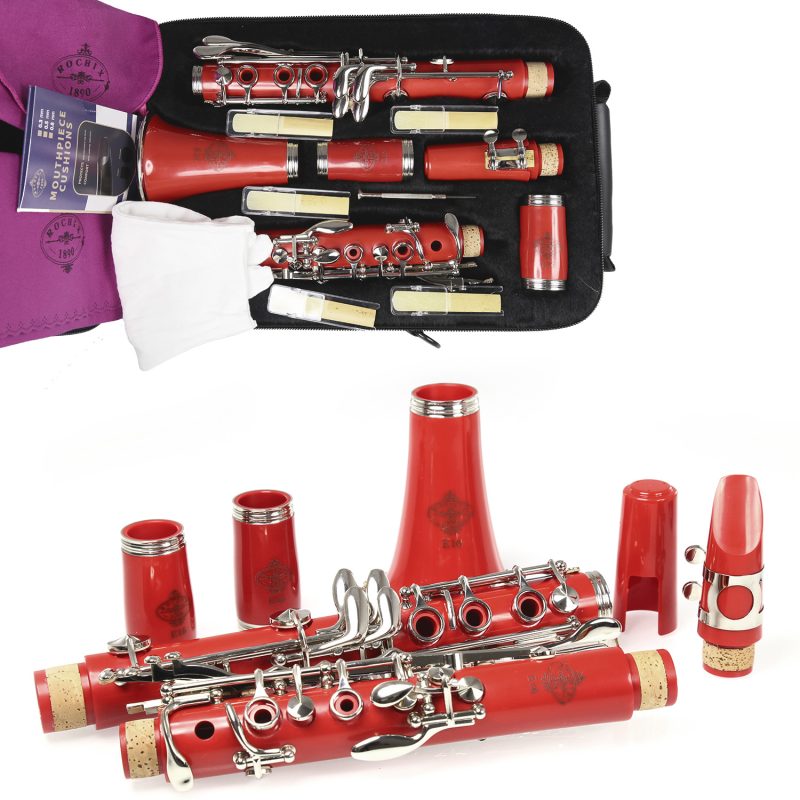 Rochix Clarinet Beginner Student Level Red E16 B Flat ABS Nickel Plated 17 Keys Bb Tone with 2 Berrels,Case,5 Reeds,Mouthpiece and More