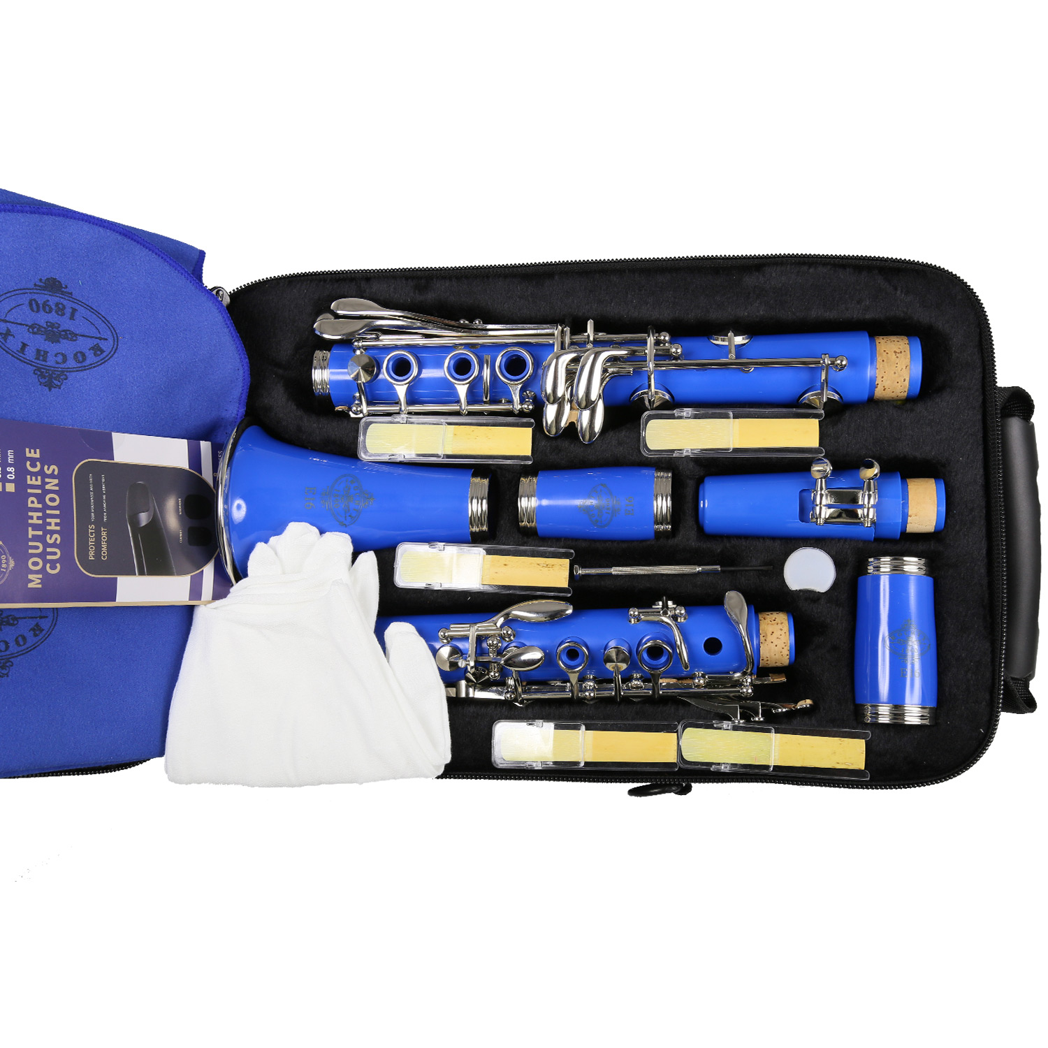 Rochix Clarinet Beginner Student Level Light Blue E16 B Flat ABS Nickel Plated 17 Keys Bb Tone with 2 Berrels,Case,5 Reeds,Mouthpiece and More