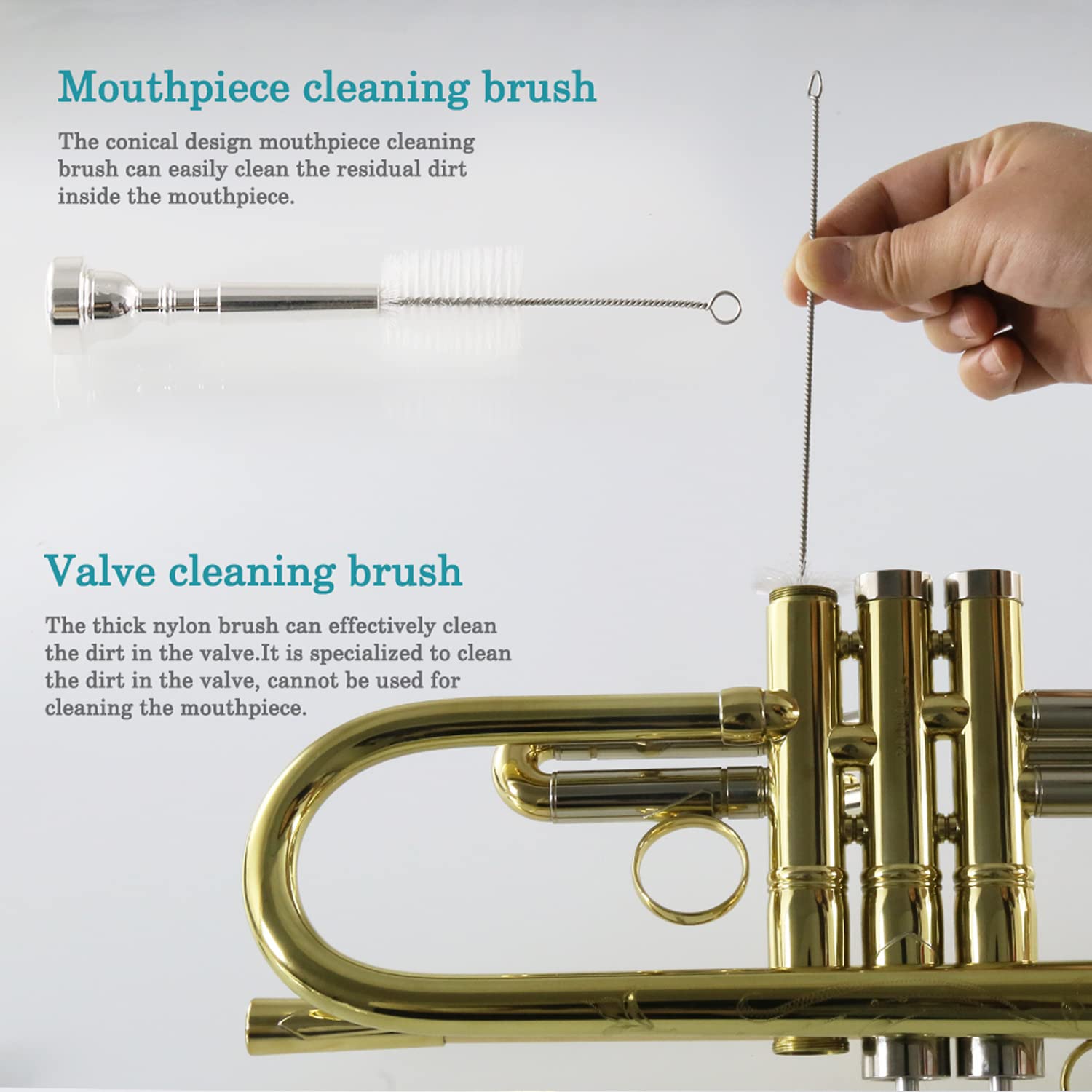 Trumpet Cleaning Brushes Kit,3-Piece Kit,1 Flexible Brush,1 Valve Brush,1 Mouthpiece Brush