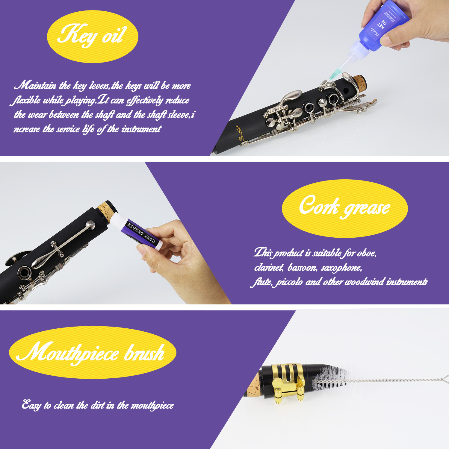 Clarinet Cleaning Kit, Clarinet and Saxophone Care Kit, Key Oil, Cork Grease, Cotton Swabs, Cleaning Cloth, Thumb Rest, Mouthpiece Brush, Screwdriver...