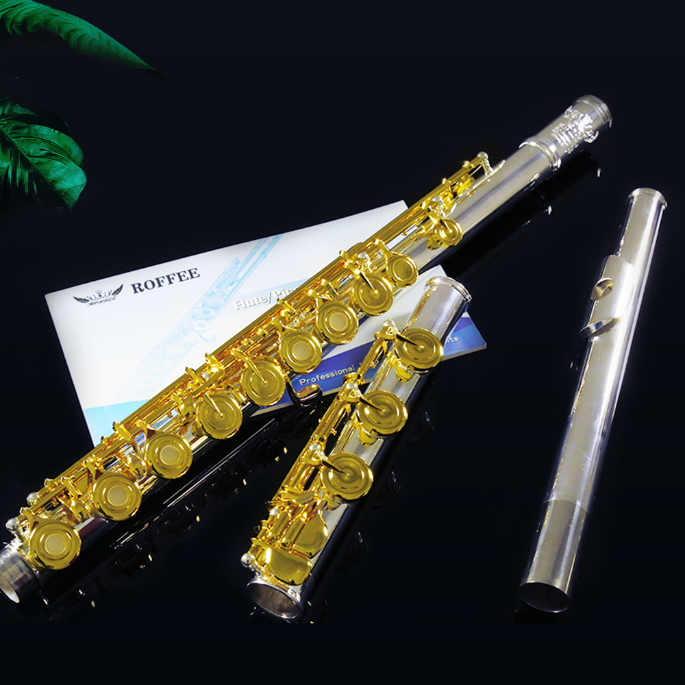 ROFFEE Cupronickel Body 17 Open Holes Inline Nickel Silver Mouthpiece Gold Plated Keys Silver Plated Flute