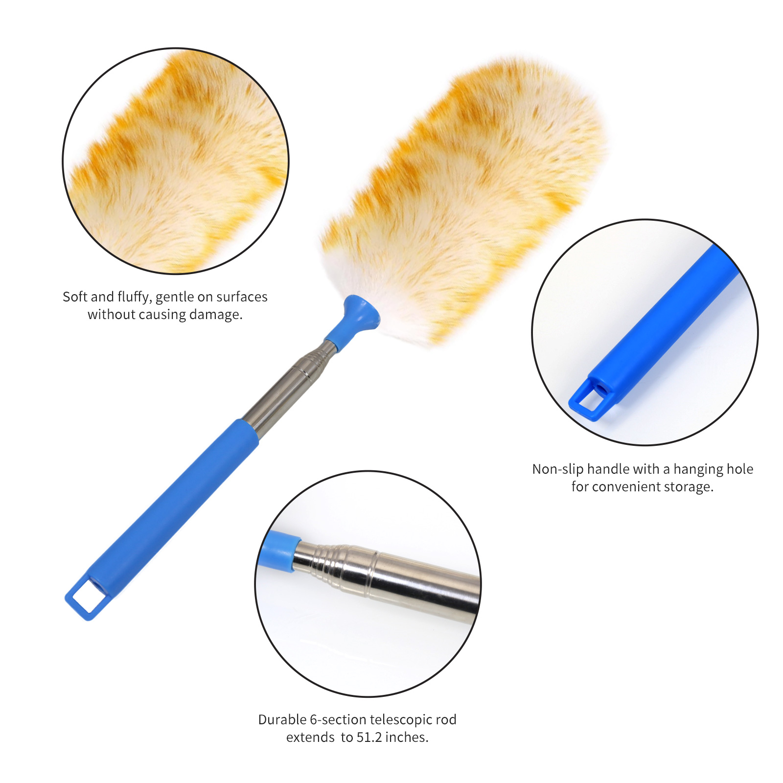 Wool Lambswool Extendable Cleaning Brush Duster 21.2-51.2in,Anti-Static with Stainless Steel Extension Pole,Comfortable Grips,for Office,Home,Car,Piano,Guitar and Other Stringed Instruments