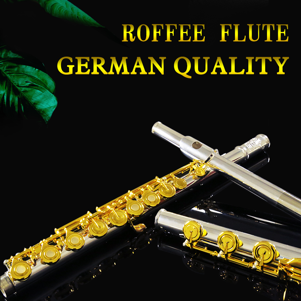 ROFFEE Cupronickel Body 17 Open Holes Inline Nickel Silver Mouthpiece Gold Plated Keys Silver Plated Flute