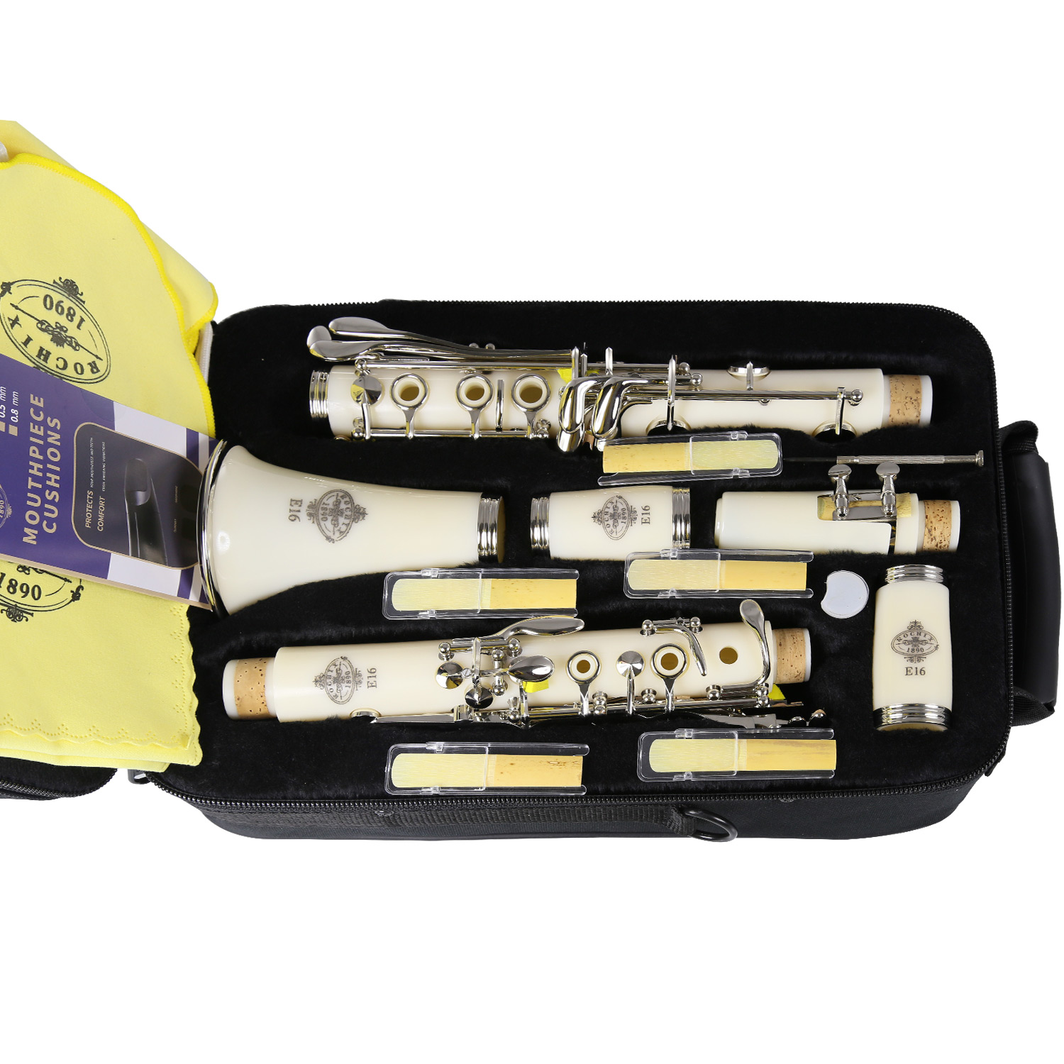 Rochix Clarinet Beginner Student Level White E16 B Flat ABS Nickel Plated 17 Keys Bb Tone with 2 Berrels,Case,5 Reeds,Mouthpiece and More