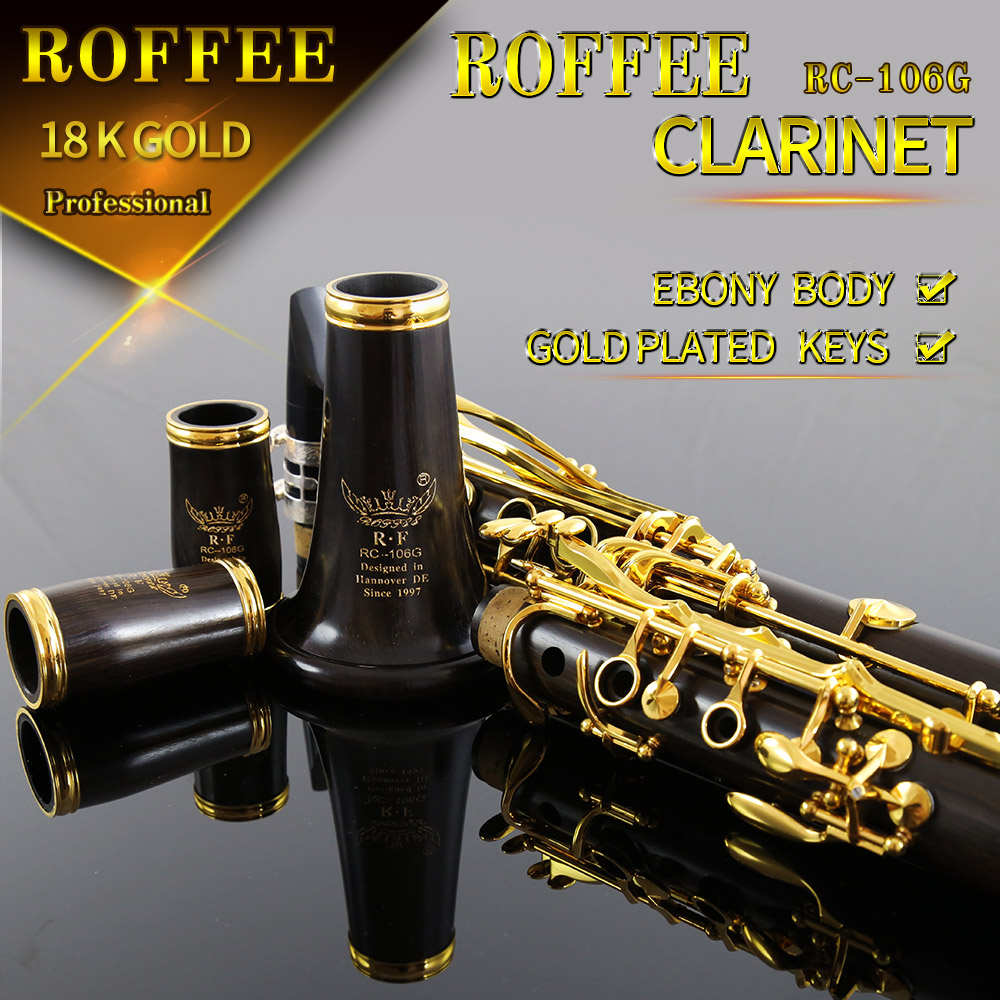 ROFFEE Professional Performance Level Ebony Wood 18K Gold Plated 18 Keys Bb Tone Clarinet