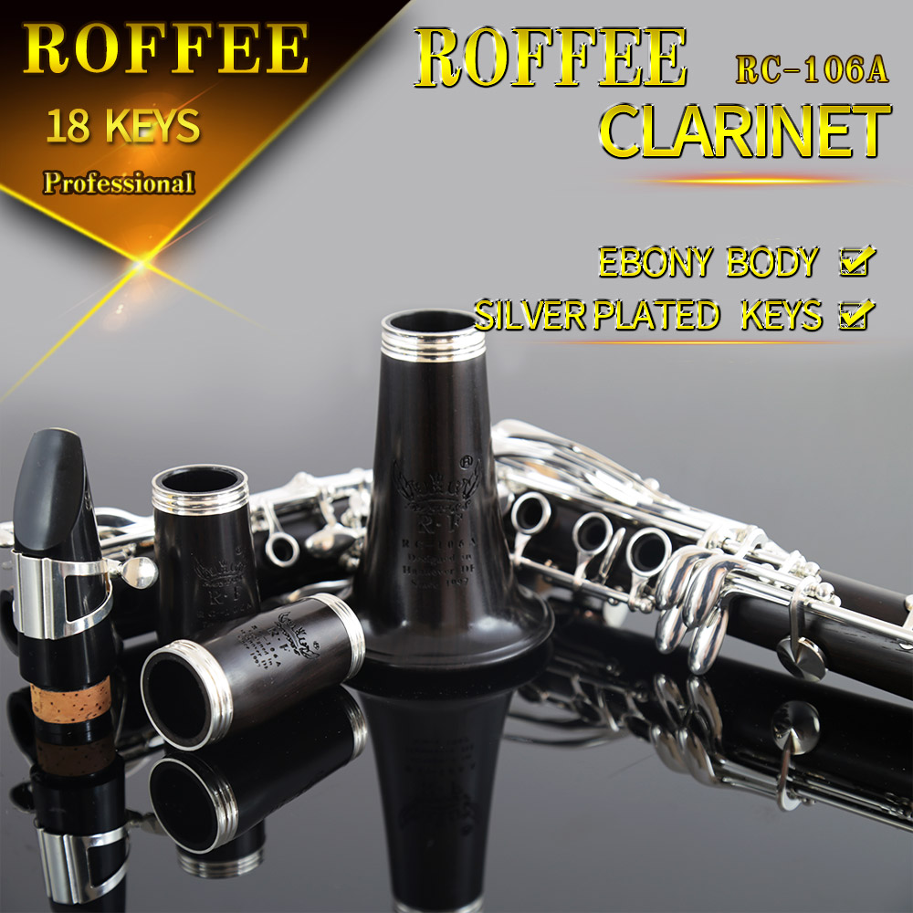 ROFFEE Professional Performance Level Ebony Wood Silver Plated 18 Keys Bb Tone Clarinet
