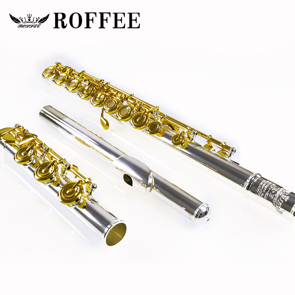 ROFFEE Cupronickel Body 17 Open Holes Inline Nickel Silver Mouthpiece Gold Plated Keys Silver Plated Flute