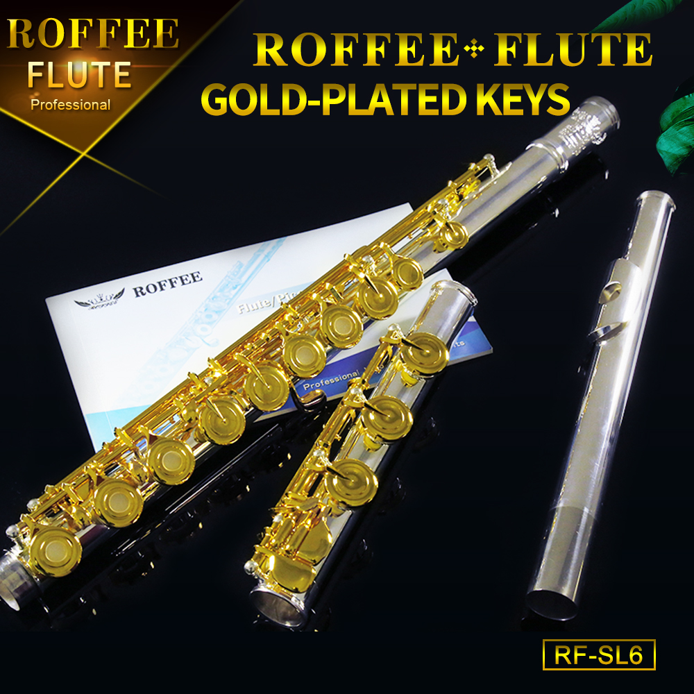 ROFFEE Cupronickel Body 17 Open Holes Inline Nickel Silver Mouthpiece Gold Plated Keys Silver Plated Flute