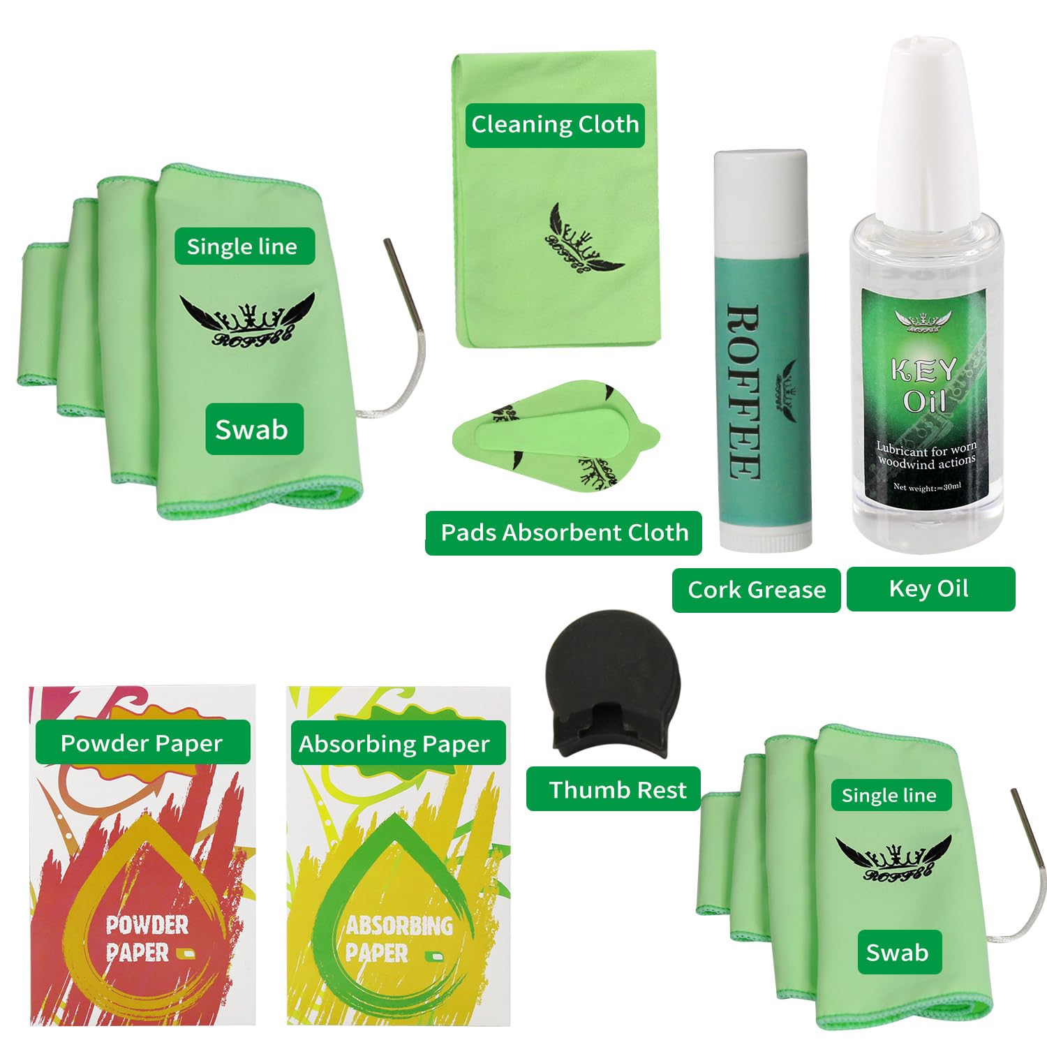 Oboe cleaning kit, oboe cleaning and care kit, oboe swab, key oil, cork grease, blotting paper, powder paper, thumb rest, cleaning cloth, care kit for woodwind instruments...