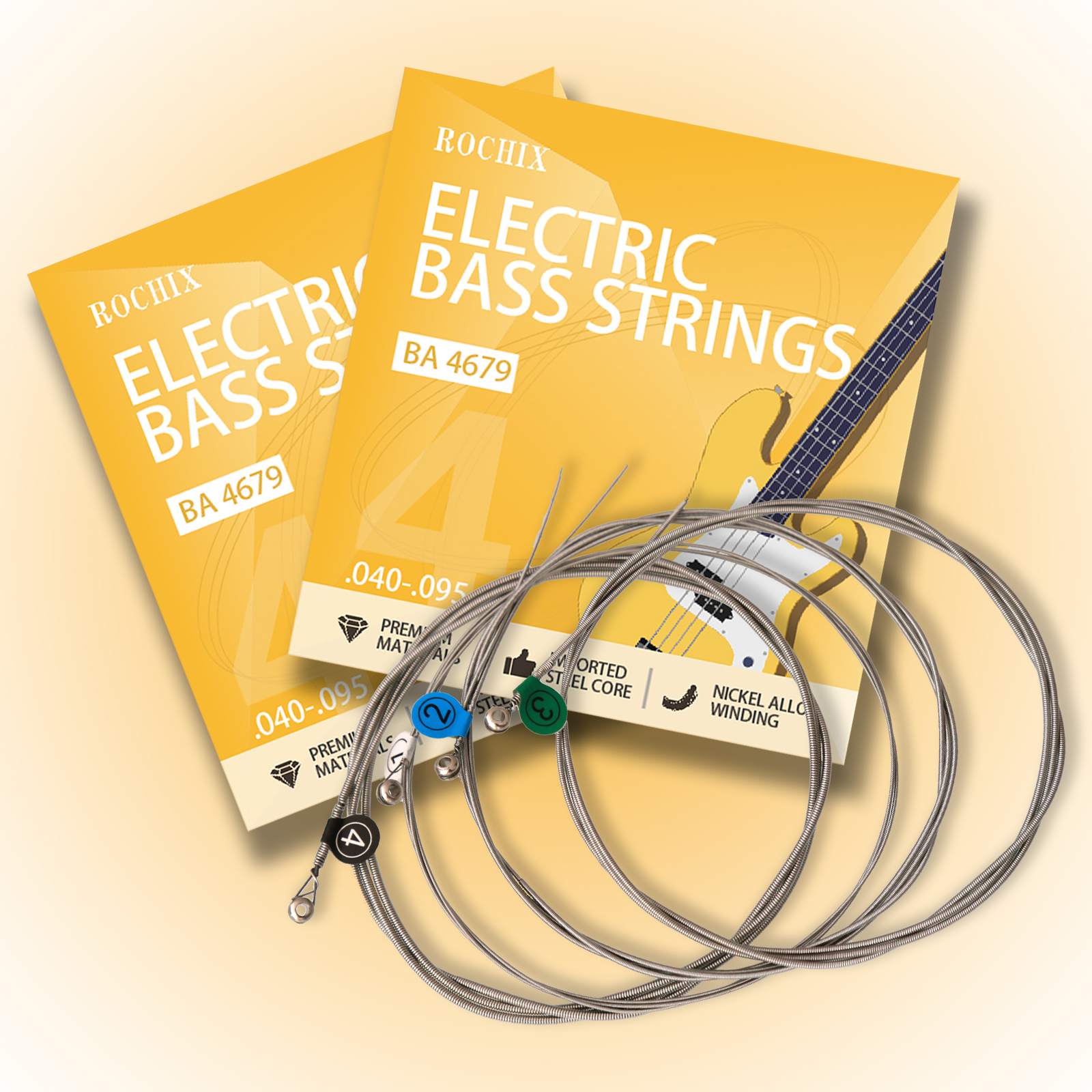 Beginner Level Electric Bass Guitar Strings - BA 4679 4-String Set, Steel Core with Nickel Alloy Winding, Ideal for New Players, Durable & Bright Tone