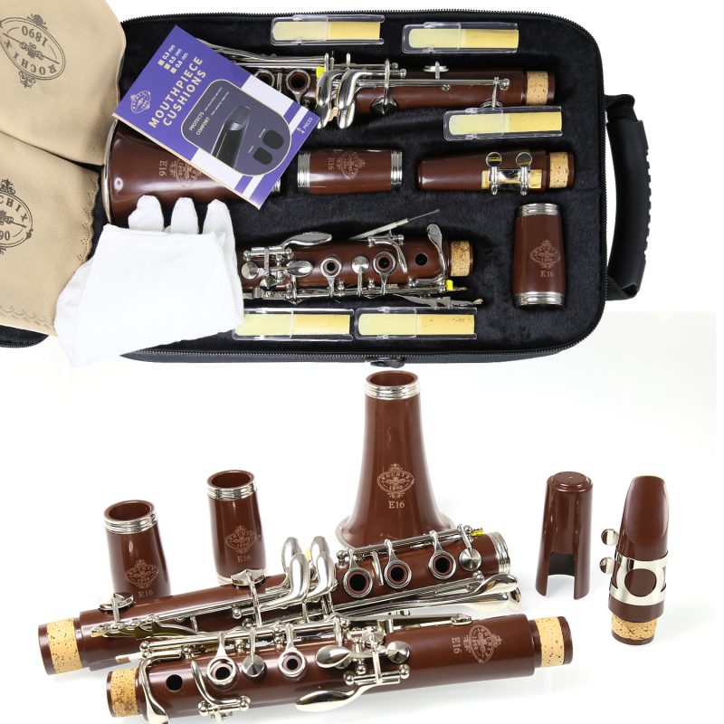 Rochix Clarinet Beginner Student Level Brown E16 B Flat ABS Nickel Plated 17 Keys Bb Tone with 2 Berrels,Case,5 Reeds,Mouthpiece and More
