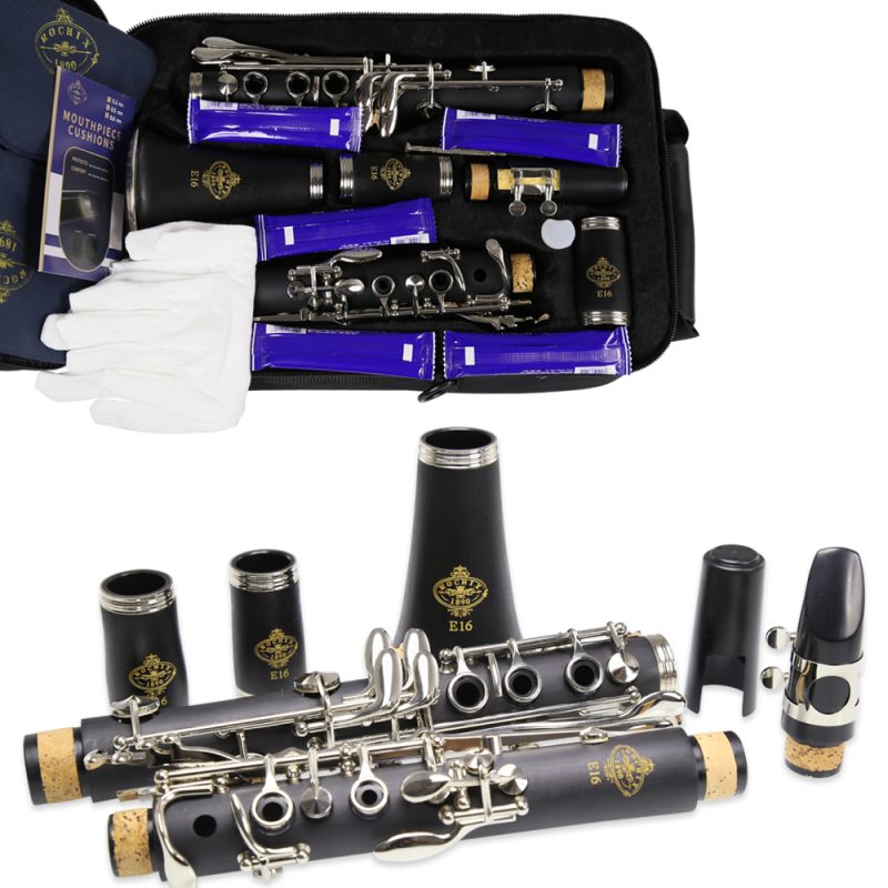 Rochix Clarinet Beginner Student Level Black E16 B Flat ABS Nickel Plated 17 Keys Bb Tone with 2 Berrels,Case,5 Reeds,Mouthpiece and More
