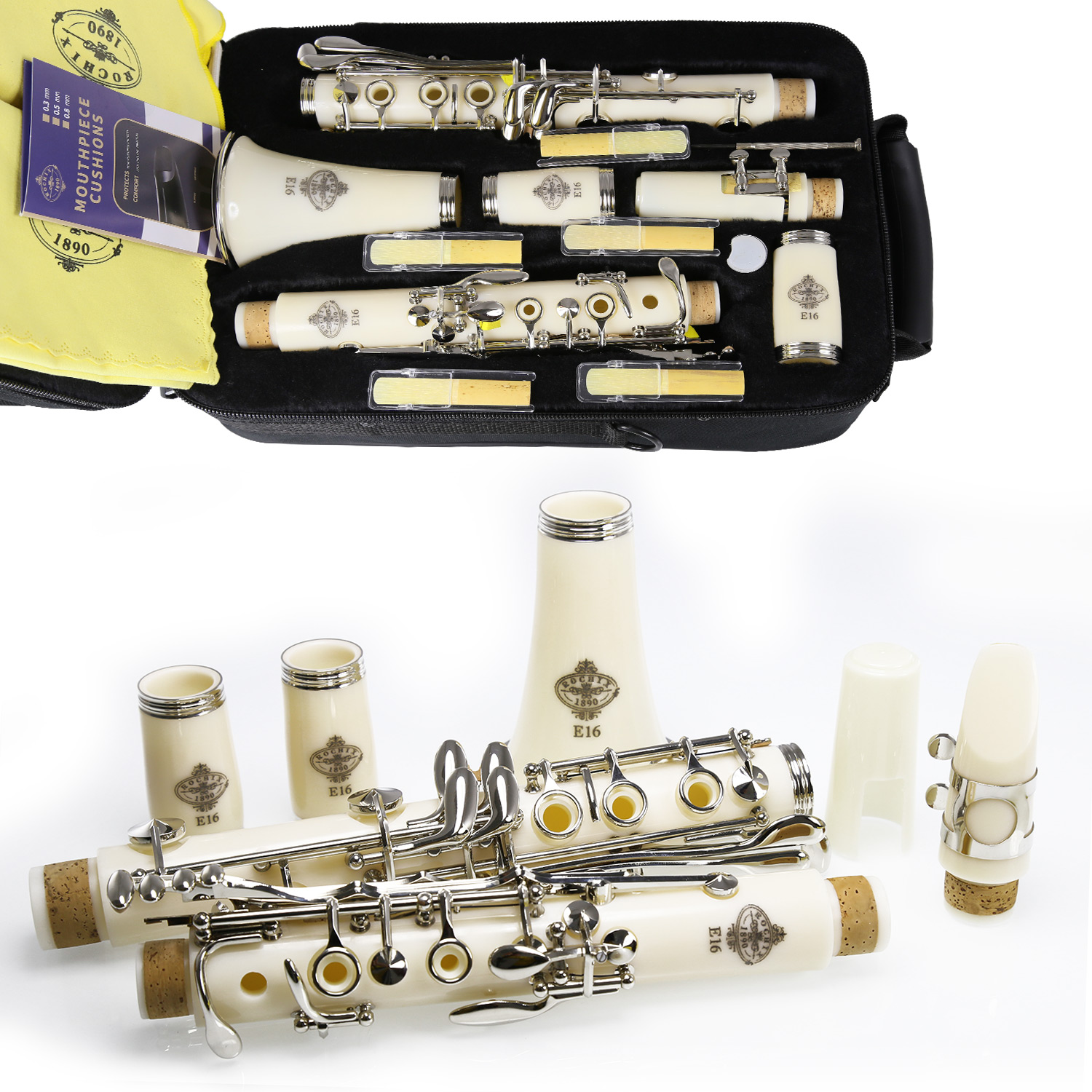 Rochix Clarinet Beginner Student Level White E16 B Flat ABS Nickel Plated 17 Keys Bb Tone with 2 Berrels,Case,5 Reeds,Mouthpiece and More