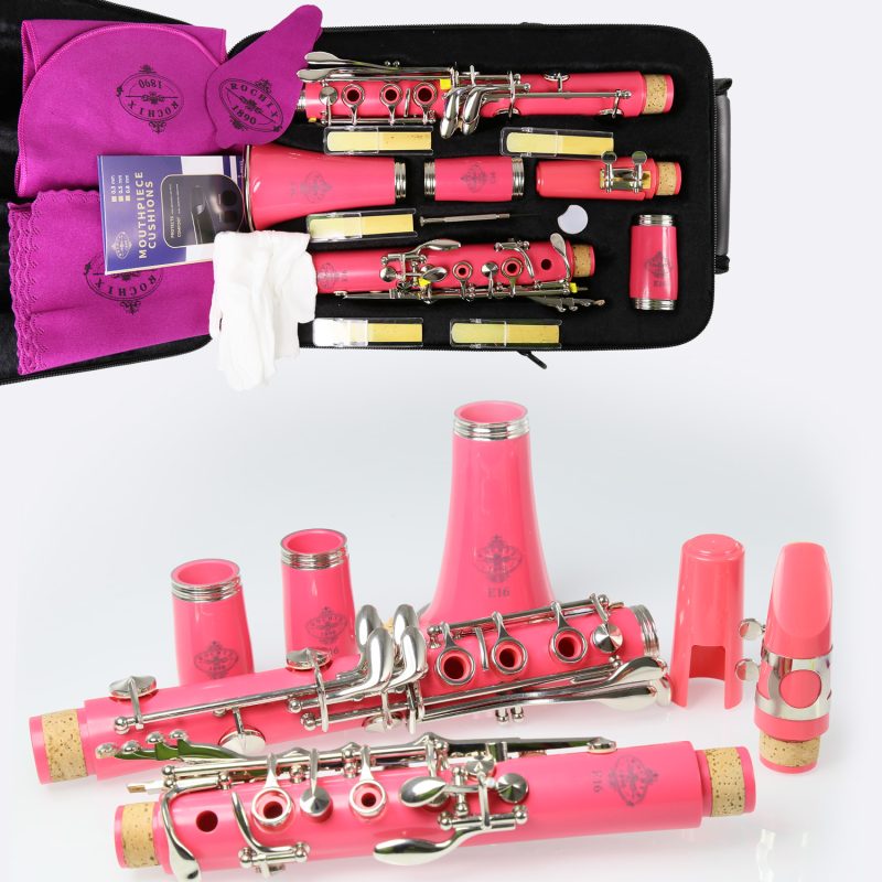 Rochix Clarinet Beginner Student Level Pink E16 B Flat ABS Nickel Plated 17 Keys Bb Tone with 2 Berrels,Case,5 Reeds,Mouthpiece and More