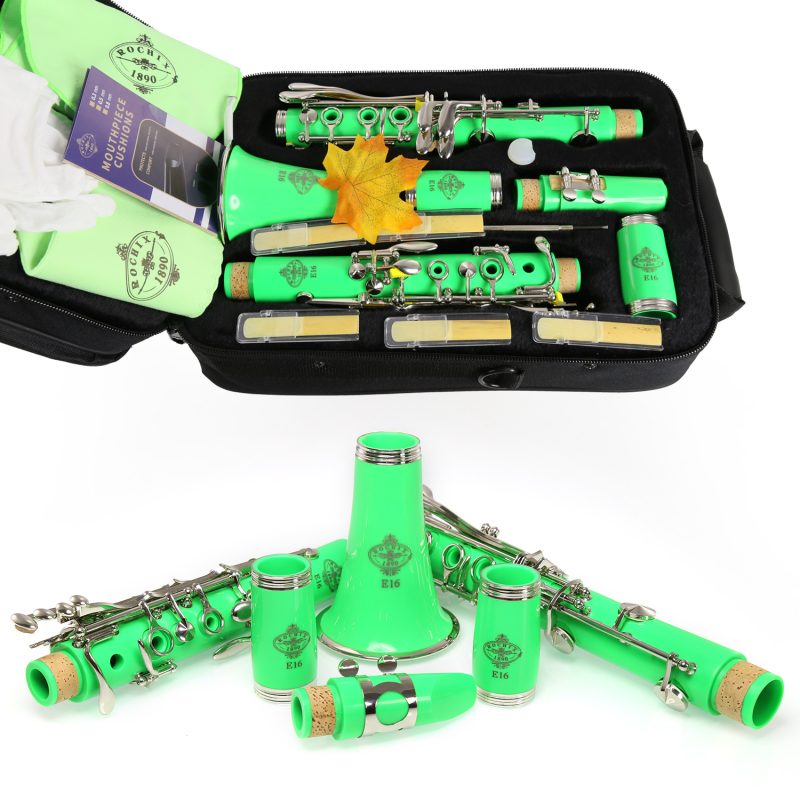Rochix Clarinet Beginner Student Level Green E16 B Flat ABS Nickel Plated 17 Keys Bb Tone with 2 Berrels,Case,5 Reeds,Mouthpiece and More