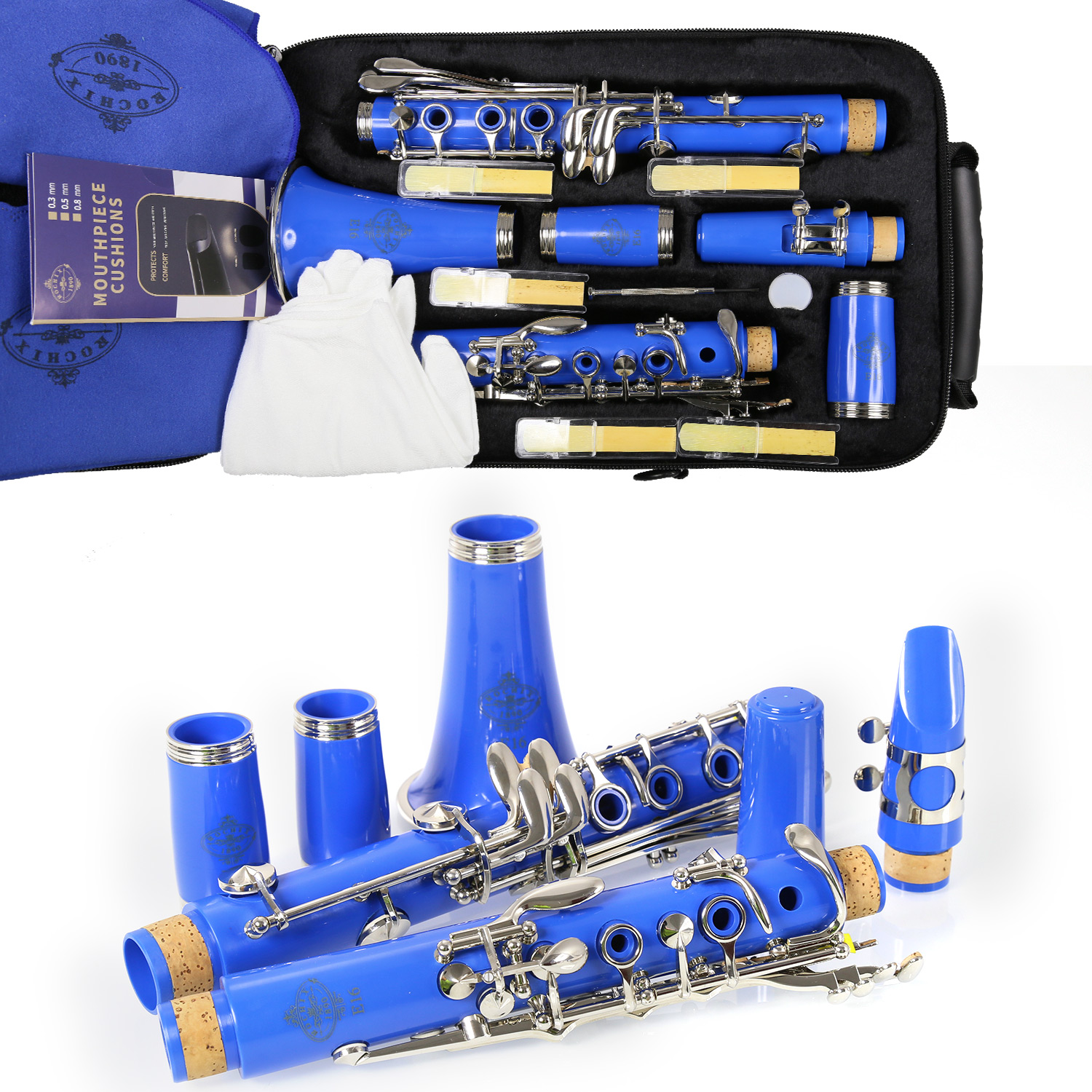 Rochix Clarinet Beginner Student Level Light Blue E16 B Flat ABS Nickel Plated 17 Keys Bb Tone with 2 Berrels,Case,5 Reeds,Mouthpiece and More