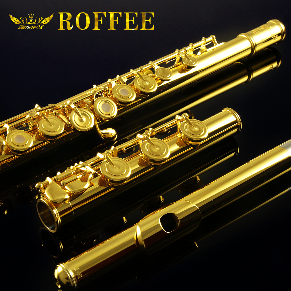 ROFFEE Professional Performance Level Nickel Silver Body 18K Gold Plated 17 Open Holes Flute
