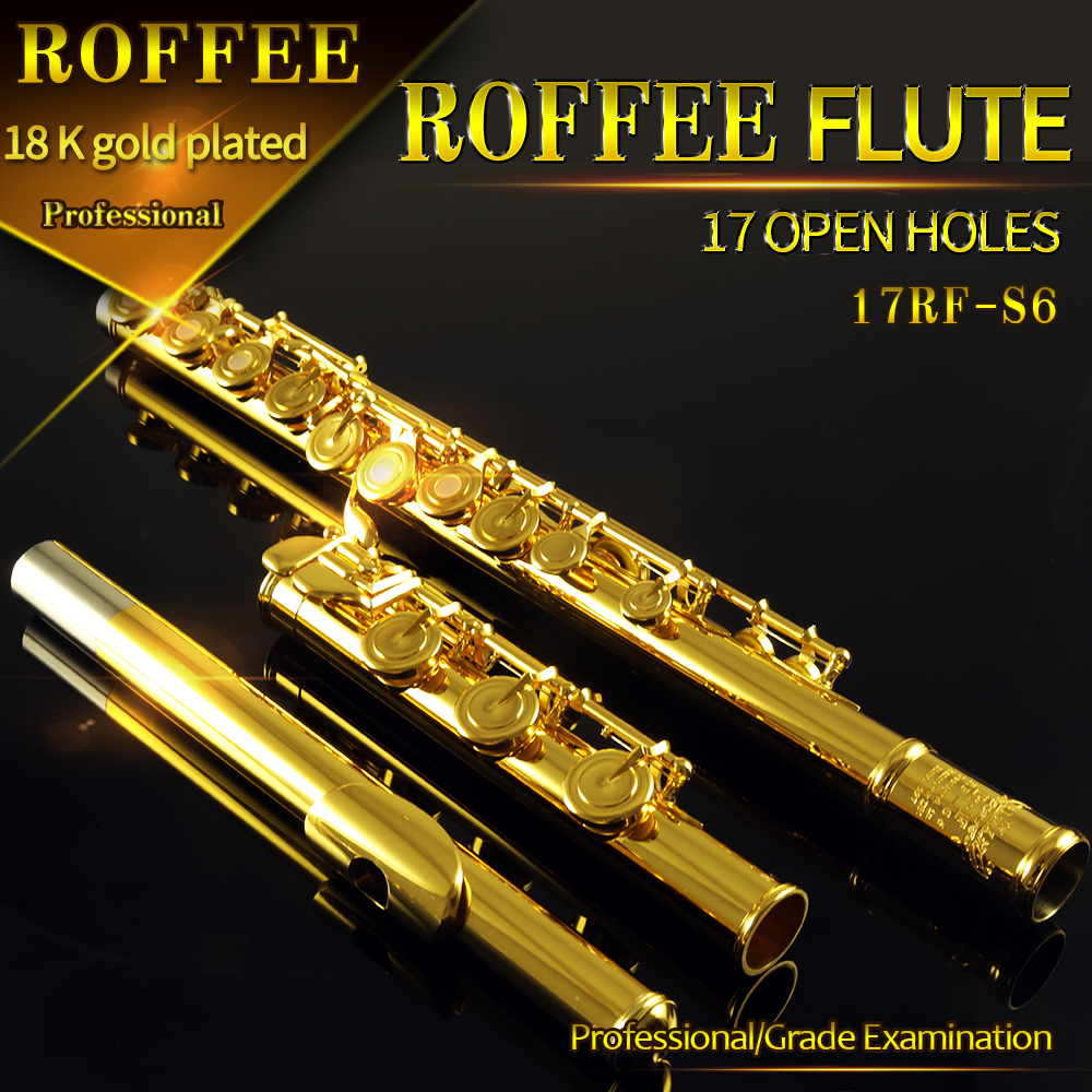 ROFFEE Professional Performance Level Nickel Silver Body 18K Gold Plated 17 Open Holes Flute