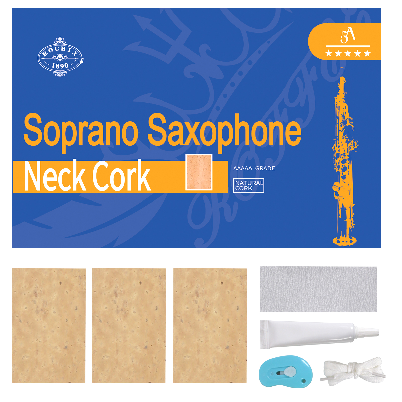 Soprano Saxophone Sax Joint Cork Replacement Kit, Saxophone Cork, Glue, Knife, Taping and Sandpaper