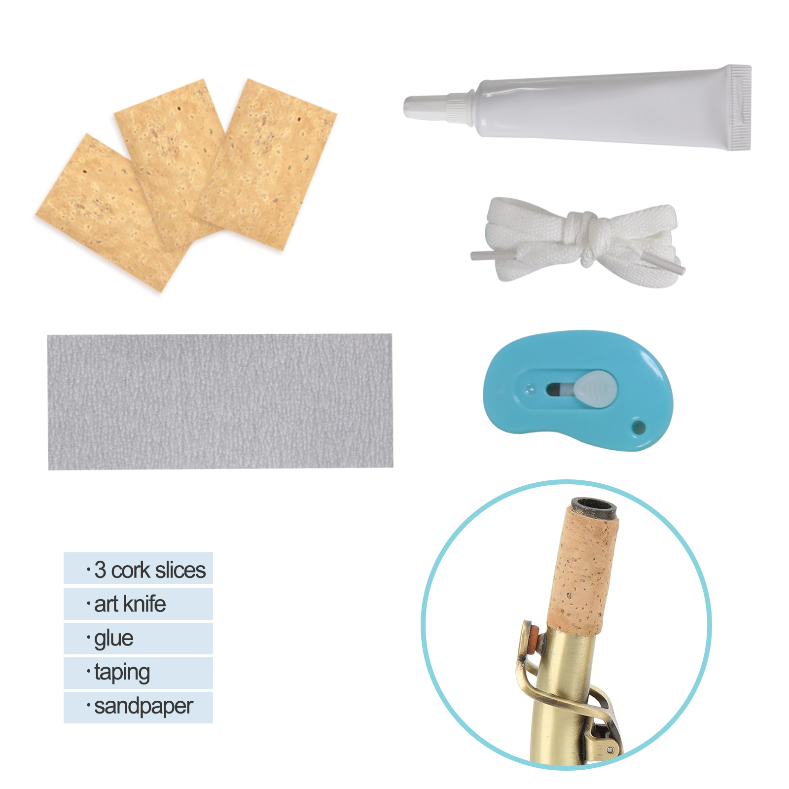 Soprano Saxophone Sax Joint Cork Replacement Kit, Saxophone Cork, Glue, Knife, Taping and Sandpaper