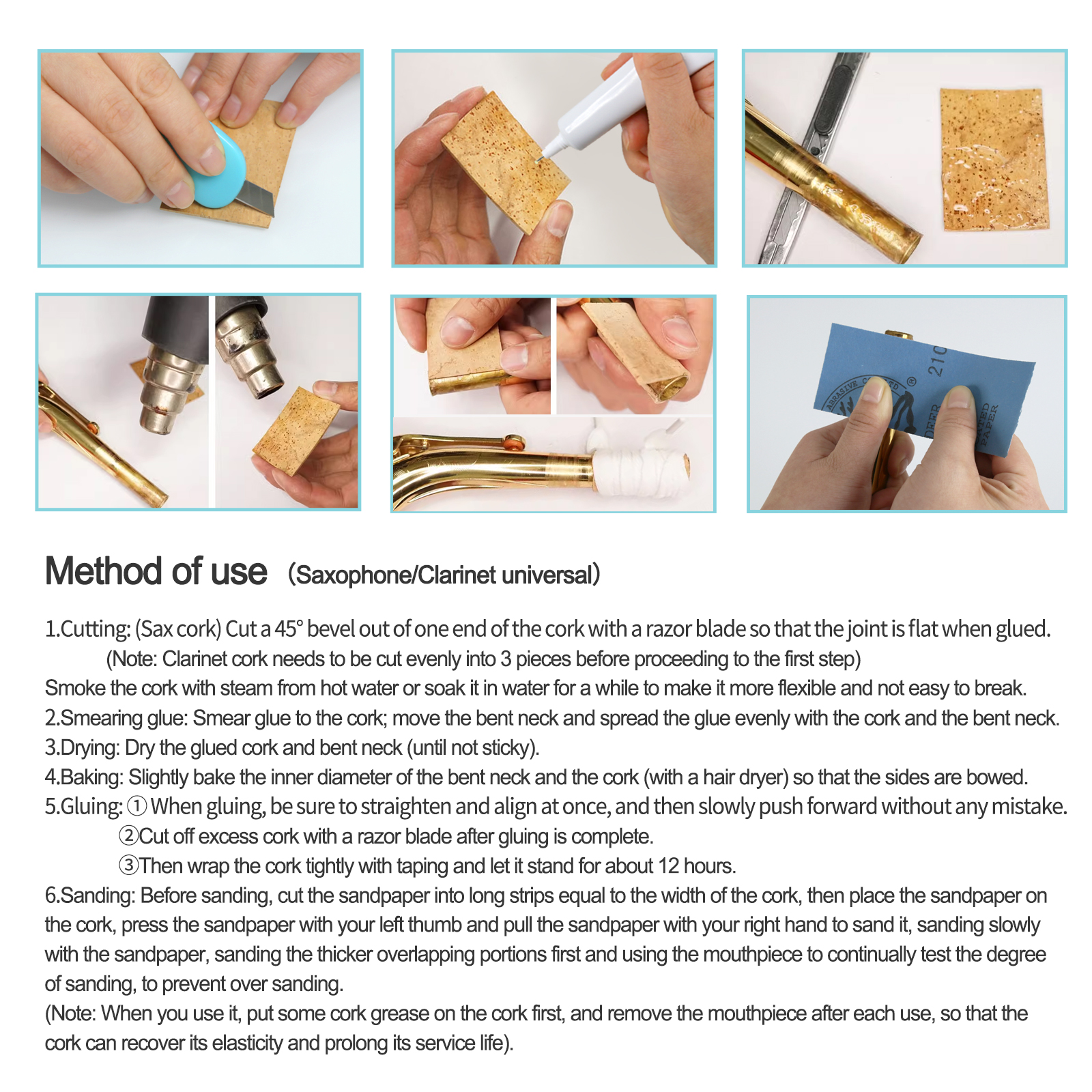Soprano Saxophone Sax Joint Cork Replacement Kit, Saxophone Cork, Glue, Knife, Taping and Sandpaper