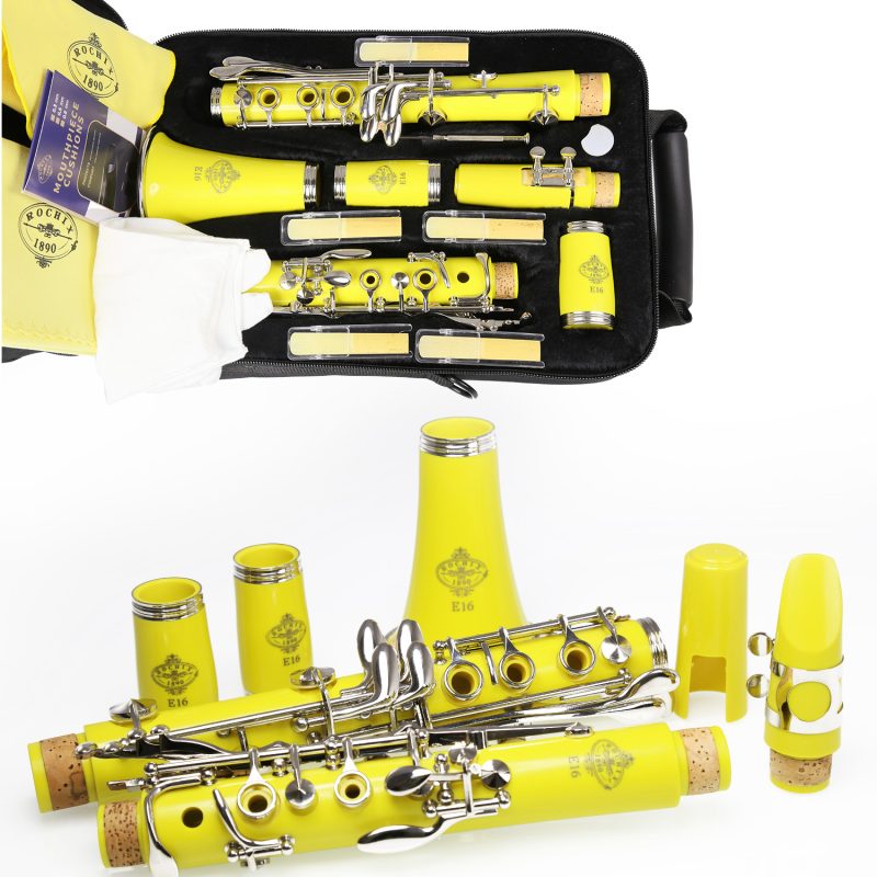 Rochix Clarinet Beginner Student Level Yellow E16 B Flat ABS Nickel Plated 17 Keys Bb Tone with 2 Berrels,Case,5 Reeds,Mouthpiece and More