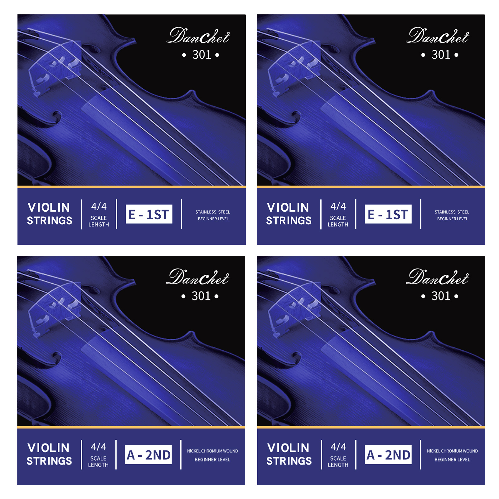Violin Strings 4/4 E1. 2 pcs & A2. 2 pcs Beginners Level, Ball End, Stainless Steel and Nickel Chromium Wound 301…