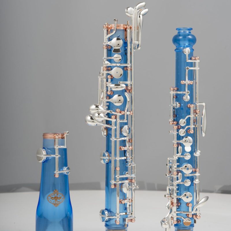 Student Beginner Level Oboe Blue Acrylic Transparent Body Semi Automatic Rose Gold Posts Silver Plated Keys