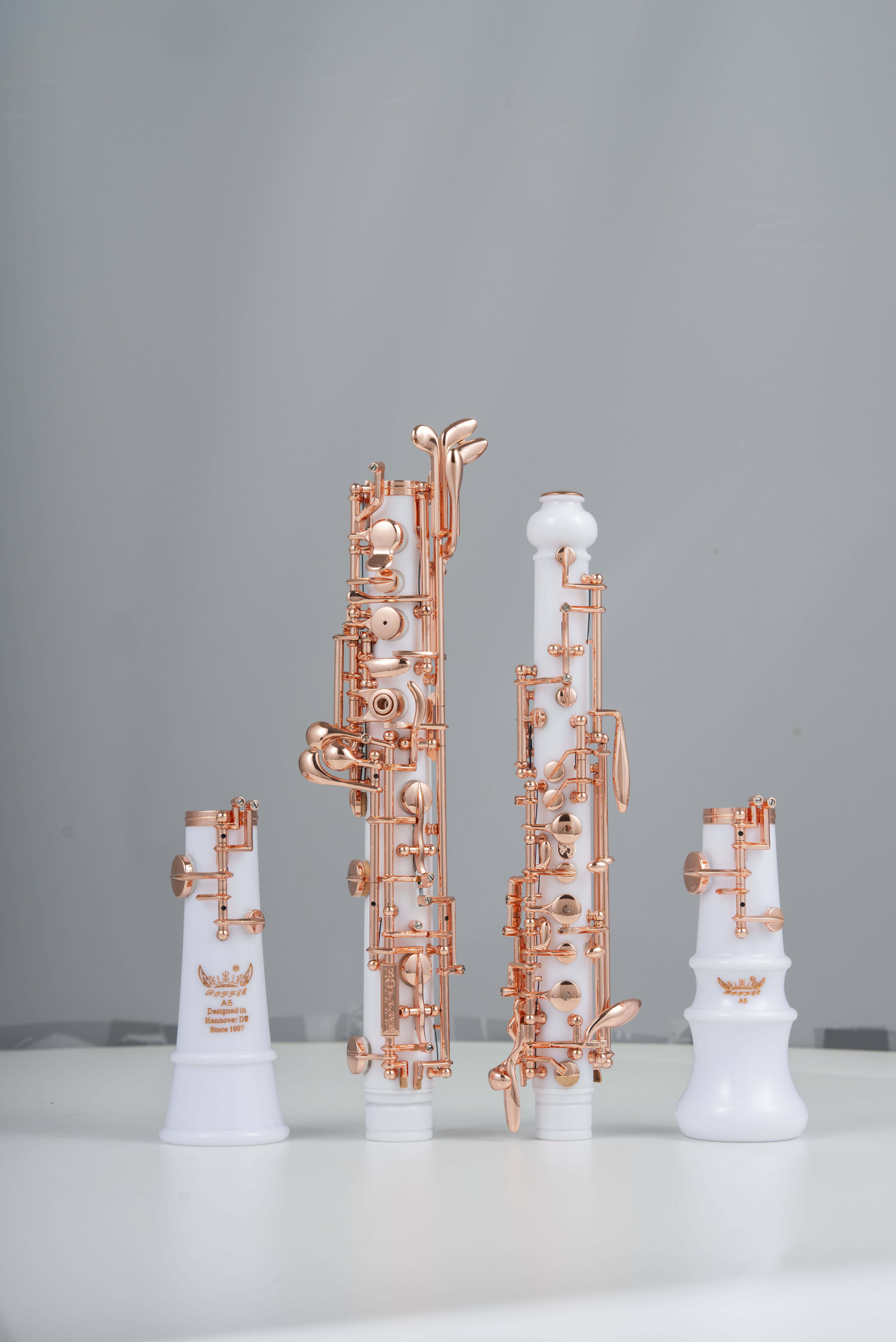 Professional Performance Level Oboe Acrylic Transparent Body Semi Automatic Rose Gold Posts Silver Plated Keys and a Double-Bell Design