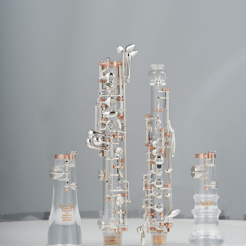Professional Performance Level Oboe Acrylic Transparent Body Semi Automatic Rose Gold Posts Silver Plated Keys and a Double-Bell Design