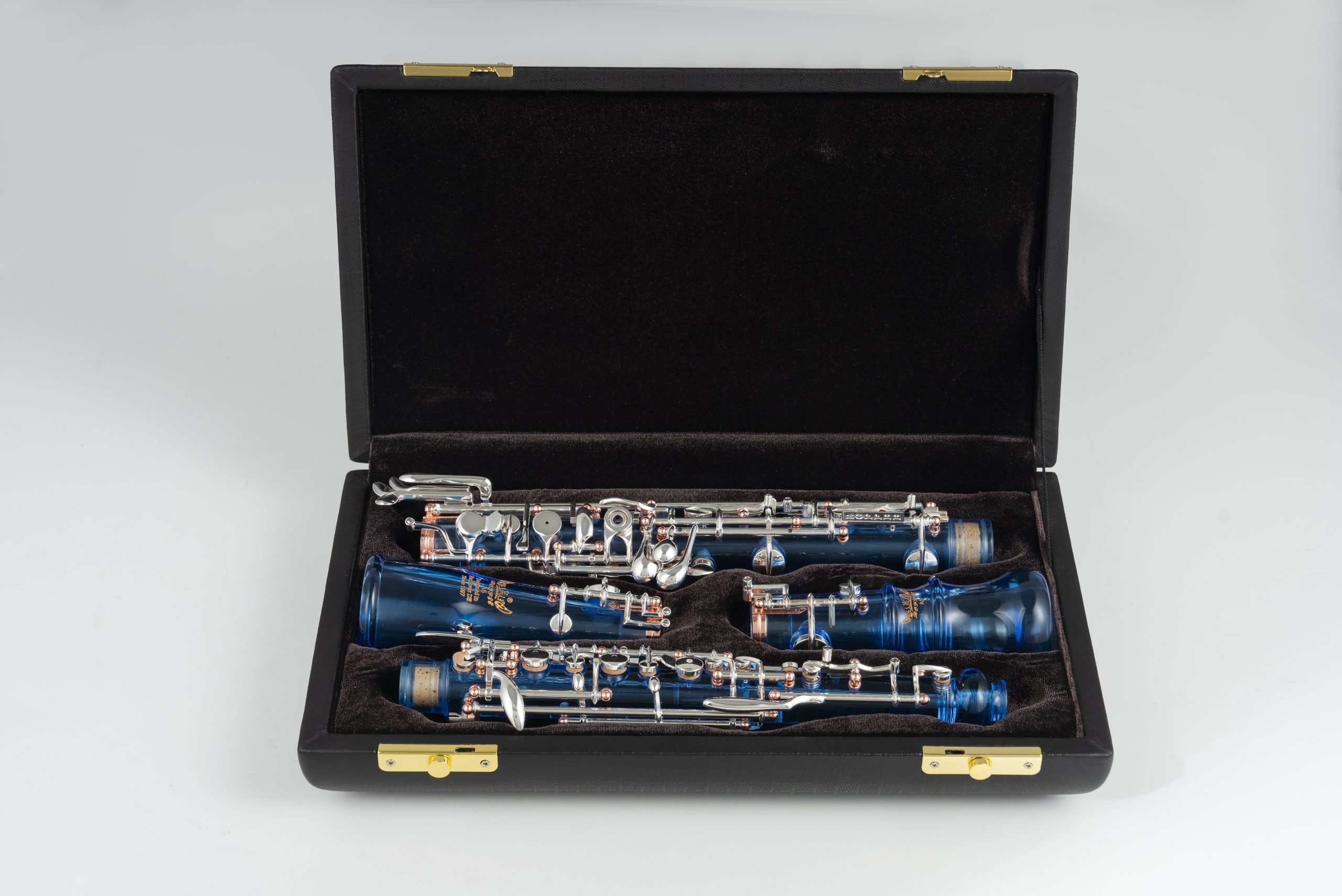 Professional Performance Level Oboe Blue Acrylic Transparent Body Semi Automatic Rose Gold Posts Silver Plated Keys and a Double-Bell Design