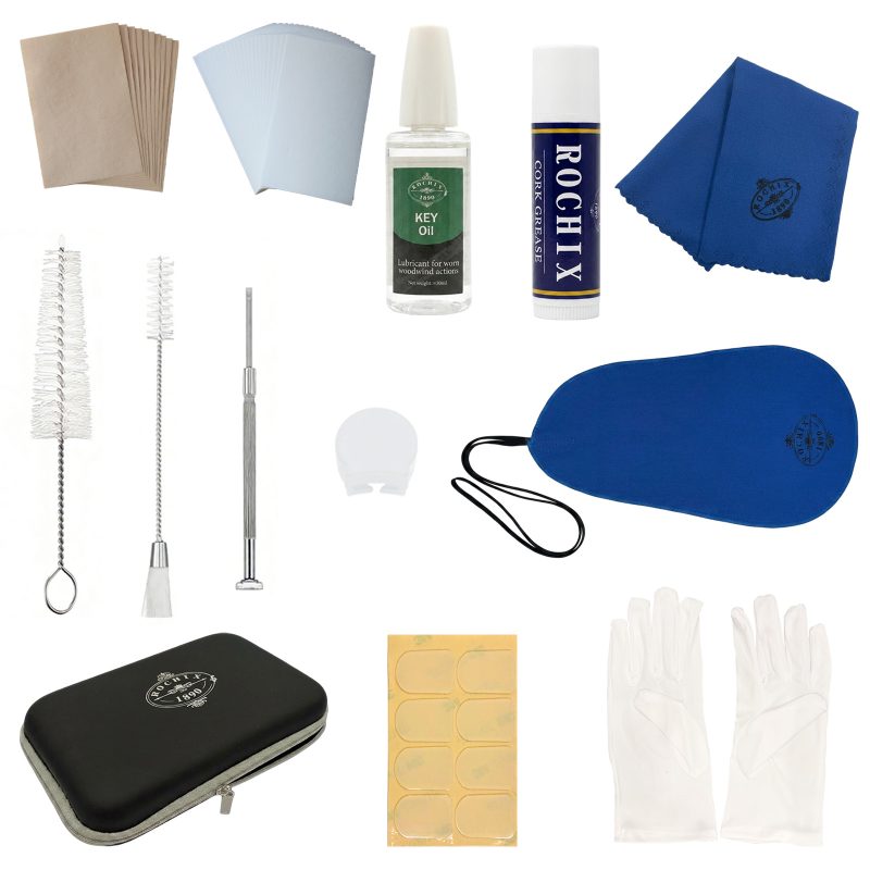 Rochix Clarinet Cleaning & Maintenance Kit with Absorbent Paper, Powder Paper, Mouthpiece Brush, Sound Hole Brush, Key Oil, Cork Grease, Cleaning Cloth, Glove, Swab, Screwdriver & Storage Box