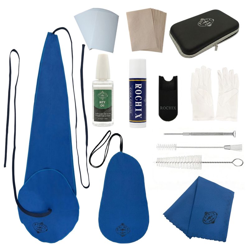 Rochix Saxophone Cleaning Kit, Sax Necking Swab, Sax Swab, Mouthpiece Brush, Sound Hole Brush, Key Oil, Cork Grease, Absorbent Paper, Powder Paper, Cleaning Cloth, Glove, Thumb Rest, Storage Box