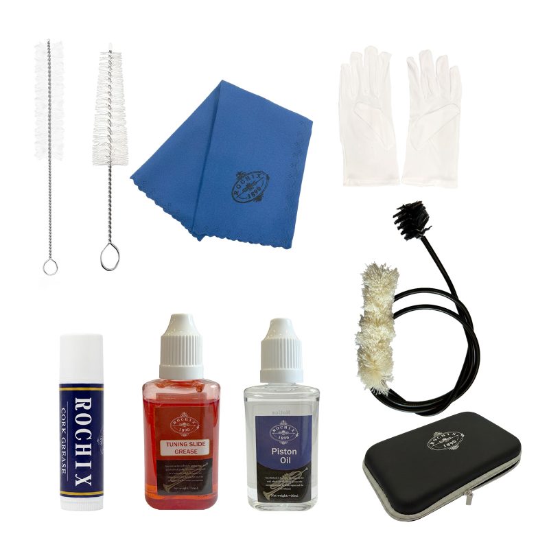 Rochix Trumpet Cleaning & Maintenance Kit with Piston Brush, Mouthpiece Brush, Flexible Bore Brush, Cleaning Cloth, Glove, Cork Grease, Tuning Slide Grease, Piston Oil and Storage Box