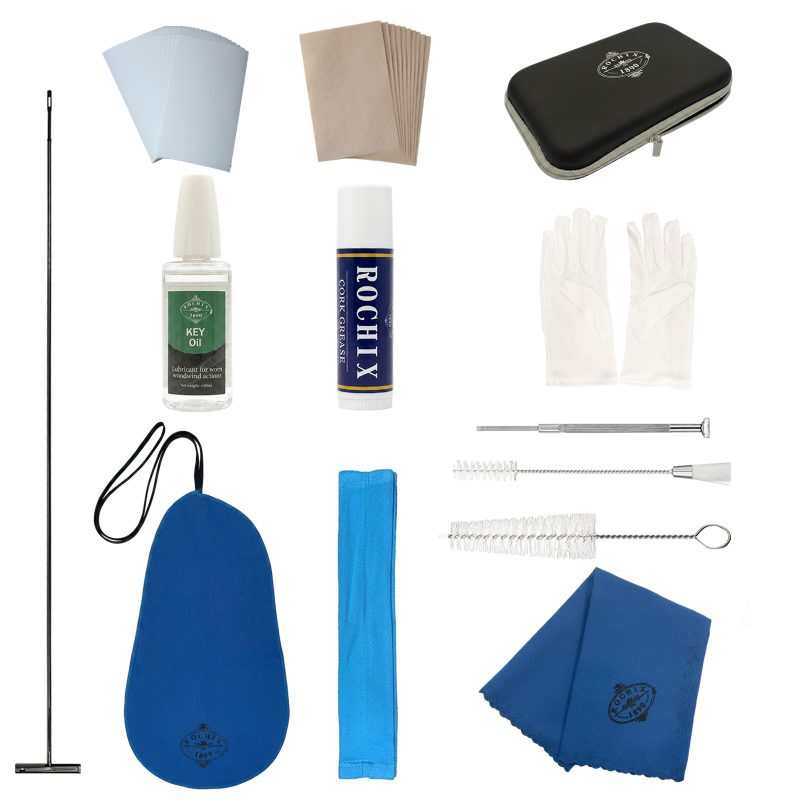 Rochix Flute Cleaning Maintenance Kit with Storage Box,Includes Absorbent Paper,Powder Paper, Mouthpiece Brush,Sound Hole Brush,Cleaning Rod,Key Oil,Cork Grease,Glove,Swab,Cleaning Swab,Cleaning Cloth