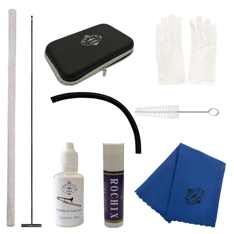 Rochix Trombone Cleaning & Maintenance Kit with Inner Bore Cleaning Cloth, Black Rubber Strip, Cleaning Rods, Storage Box, Glove, Mouthpiece Brush, Trombone Lubricant and Cork Grease