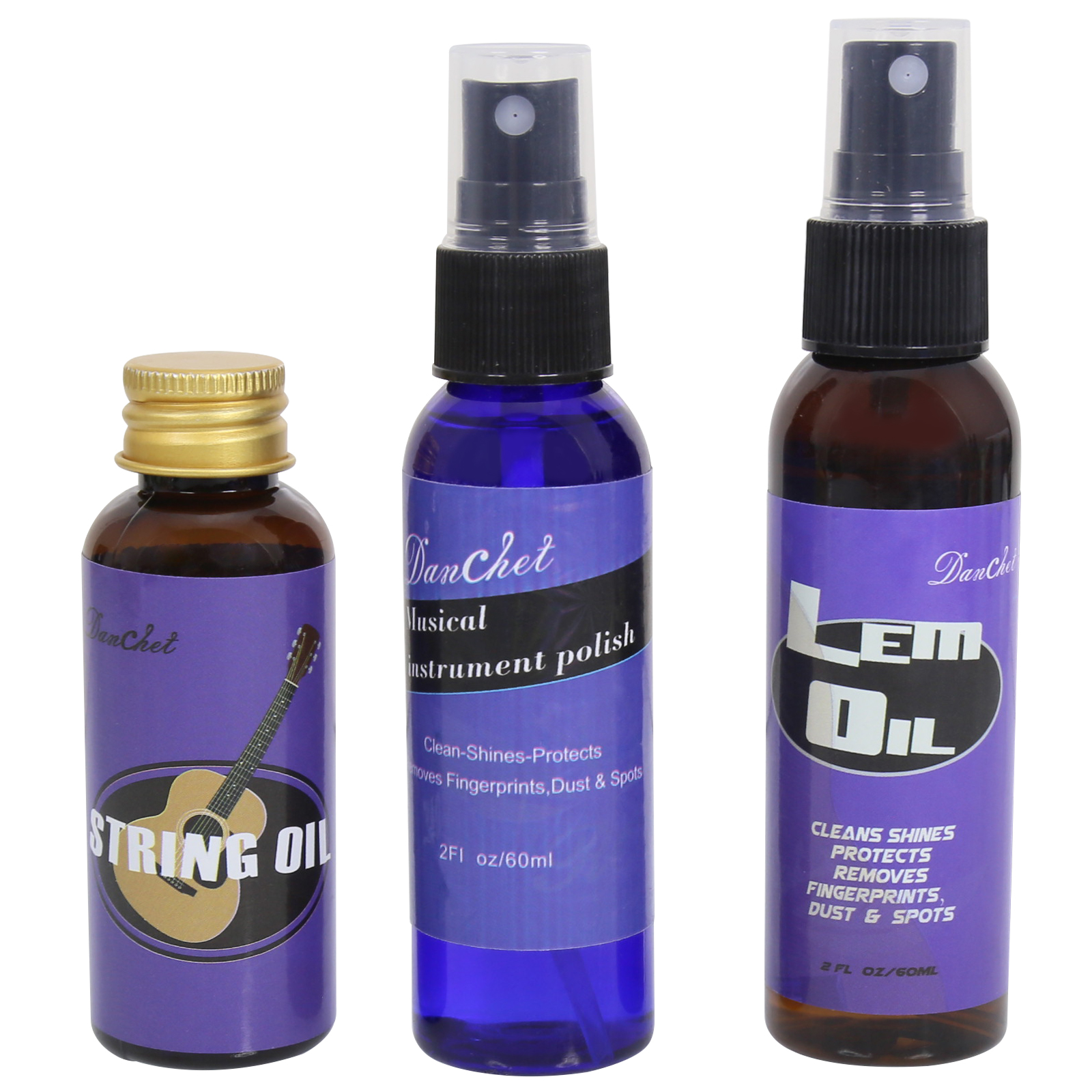 Deluxe Guitar Cleaning and Maintenance System 3-Piece Kit: Lemon Oil, Polish, and Guitar String Oil - Guitar Cleaning Kit - for cleaning, polishing, and protection of guitars.