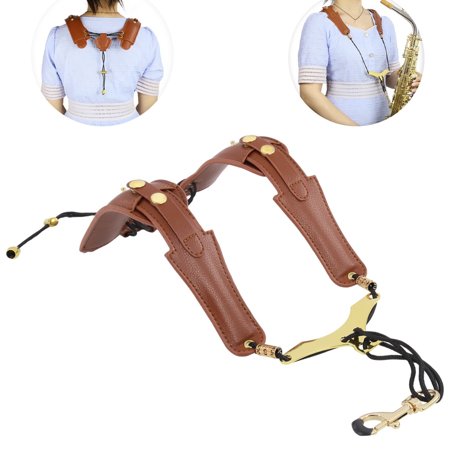 Kids Leather Saxophone Strap, Saxophone Strap with Adjustable Strap and Gold Plated Metal Trigger for Sax Alto and Soprano Clarinet (brown).