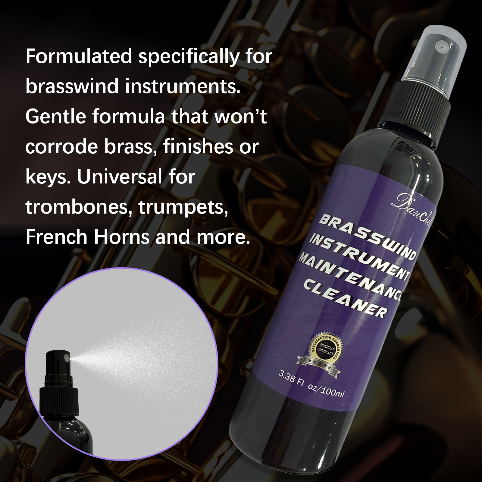 Brass Instrument Maintenance Cleaner (for surface cleaning of trumpets, trombones, French horns, saxophones, and baritones), 3.38 fl oz