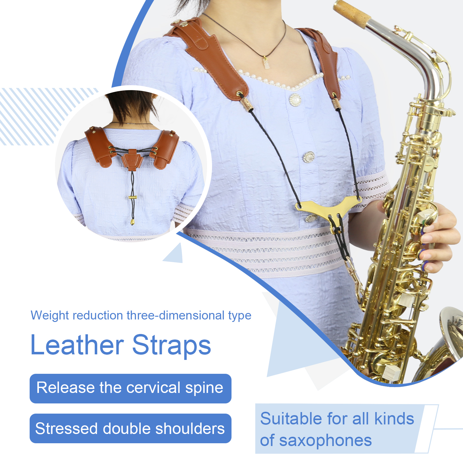 Kids Leather Saxophone Strap, Saxophone Strap with Adjustable Strap and Gold Plated Metal Trigger for Sax Alto and Soprano Clarinet (brown).