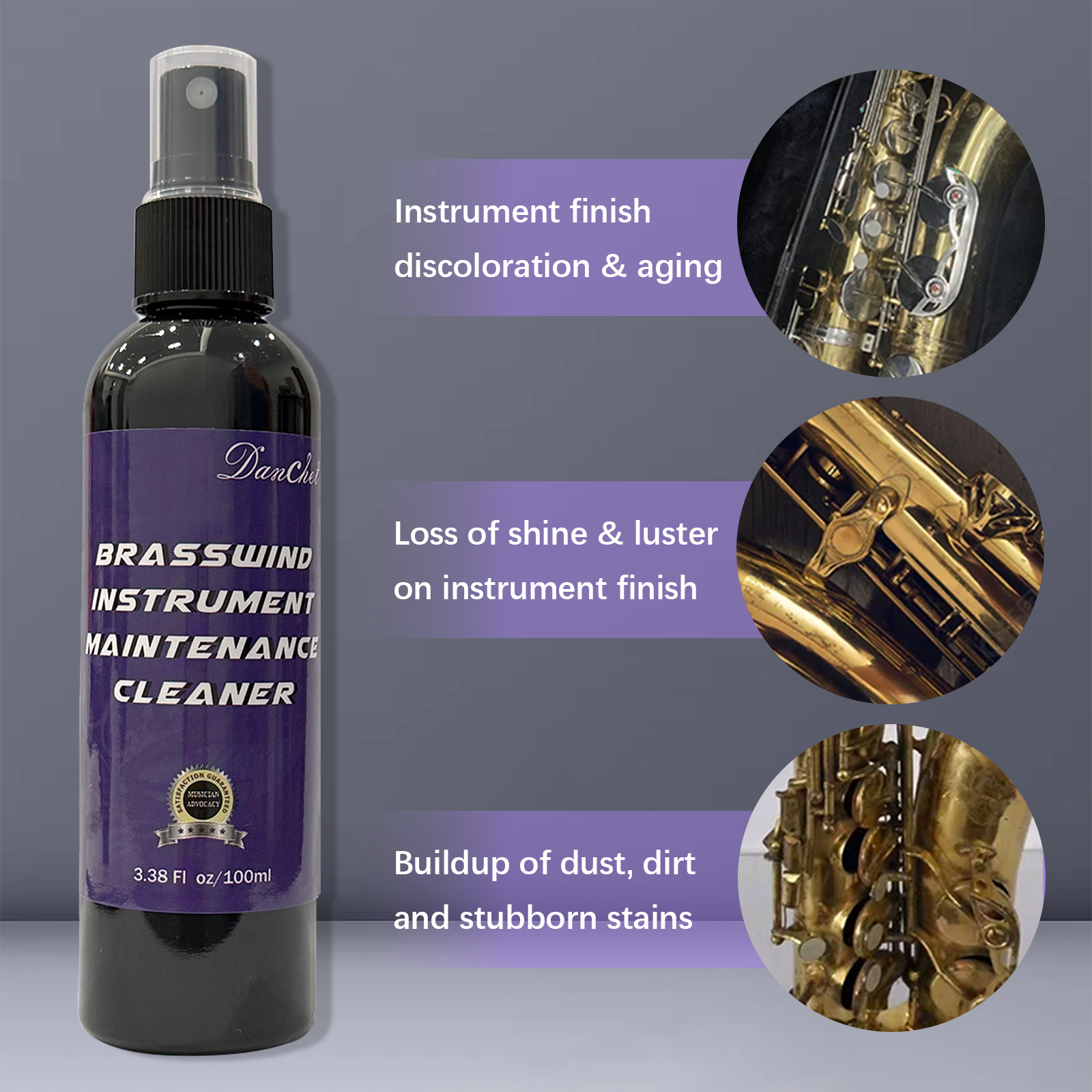 Brass Instrument Maintenance Cleaner (for surface cleaning of trumpets, trombones, French horns, saxophones, and baritones), 3.38 fl oz
