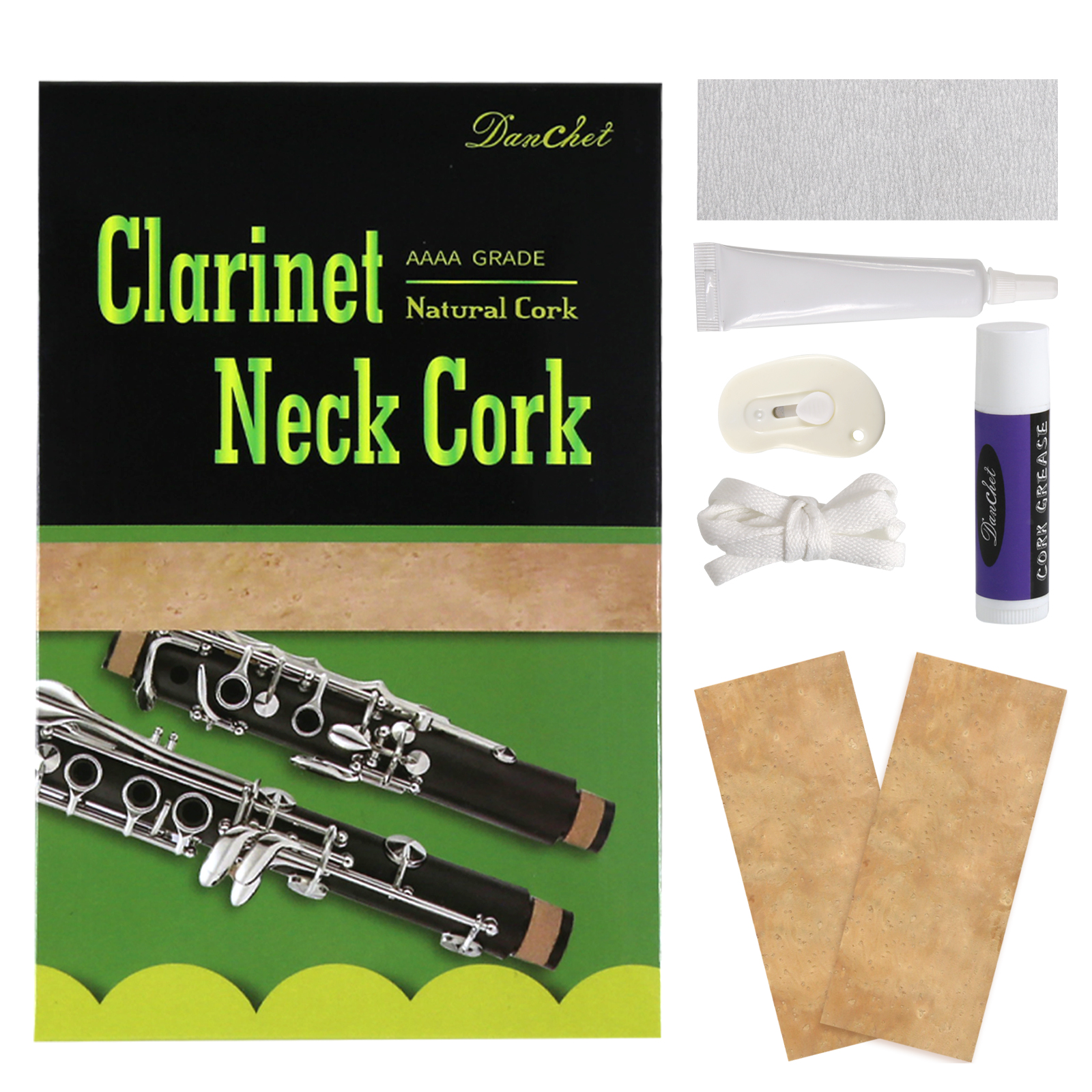 Clarinet Cork Replacement Kit, Includes Clarinet Cork, Glue, Cork Grease, Knife, Taping and Sandpaper
