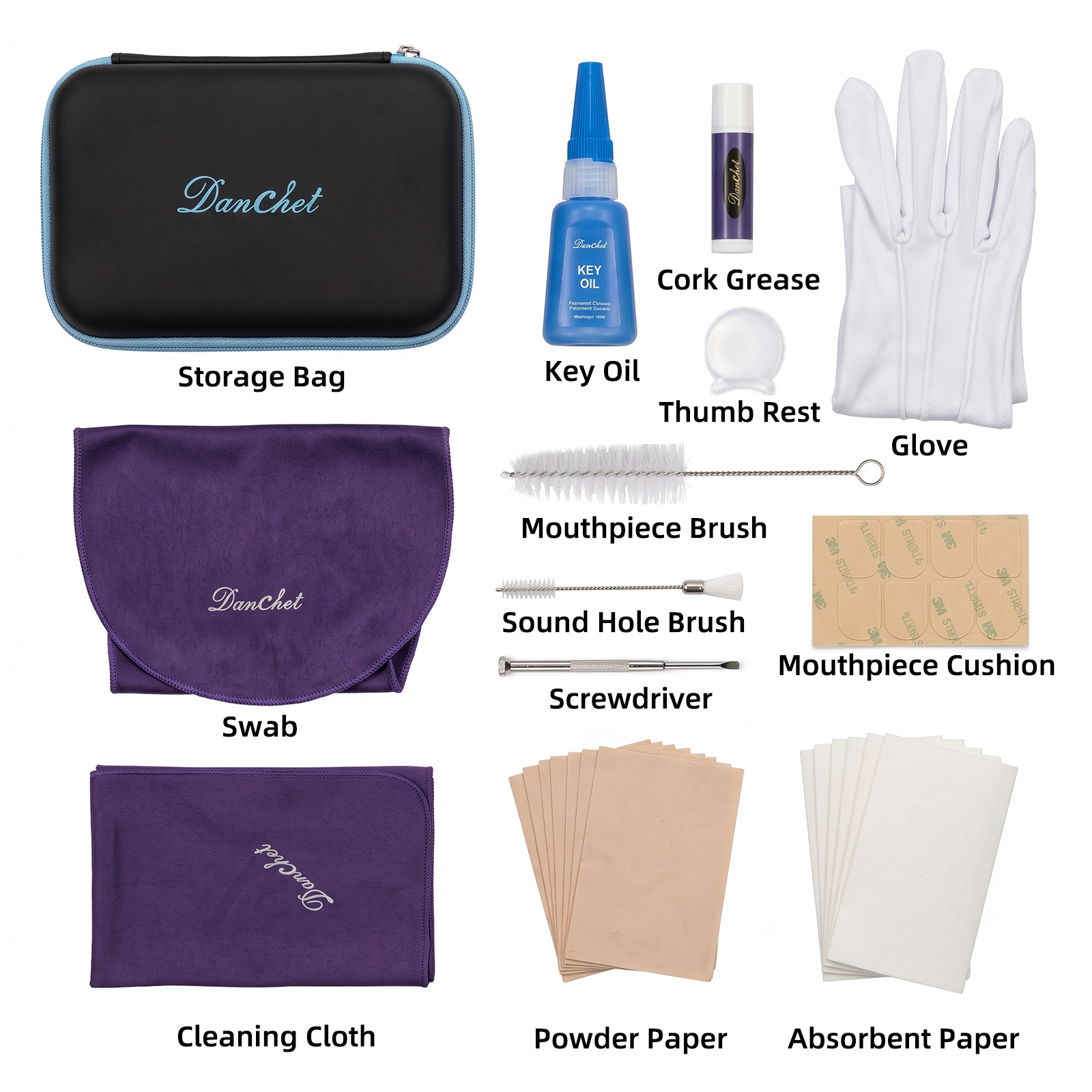 Clarinet Cleaning and Care Kit with Storage Bag, Swab, Cleaning Cloth, Key Oil, Cork Grease, Brushes, Screwdriver, Mouthpiece Cushion, Absorbent Paper for Clarinet Instrument Maintenance