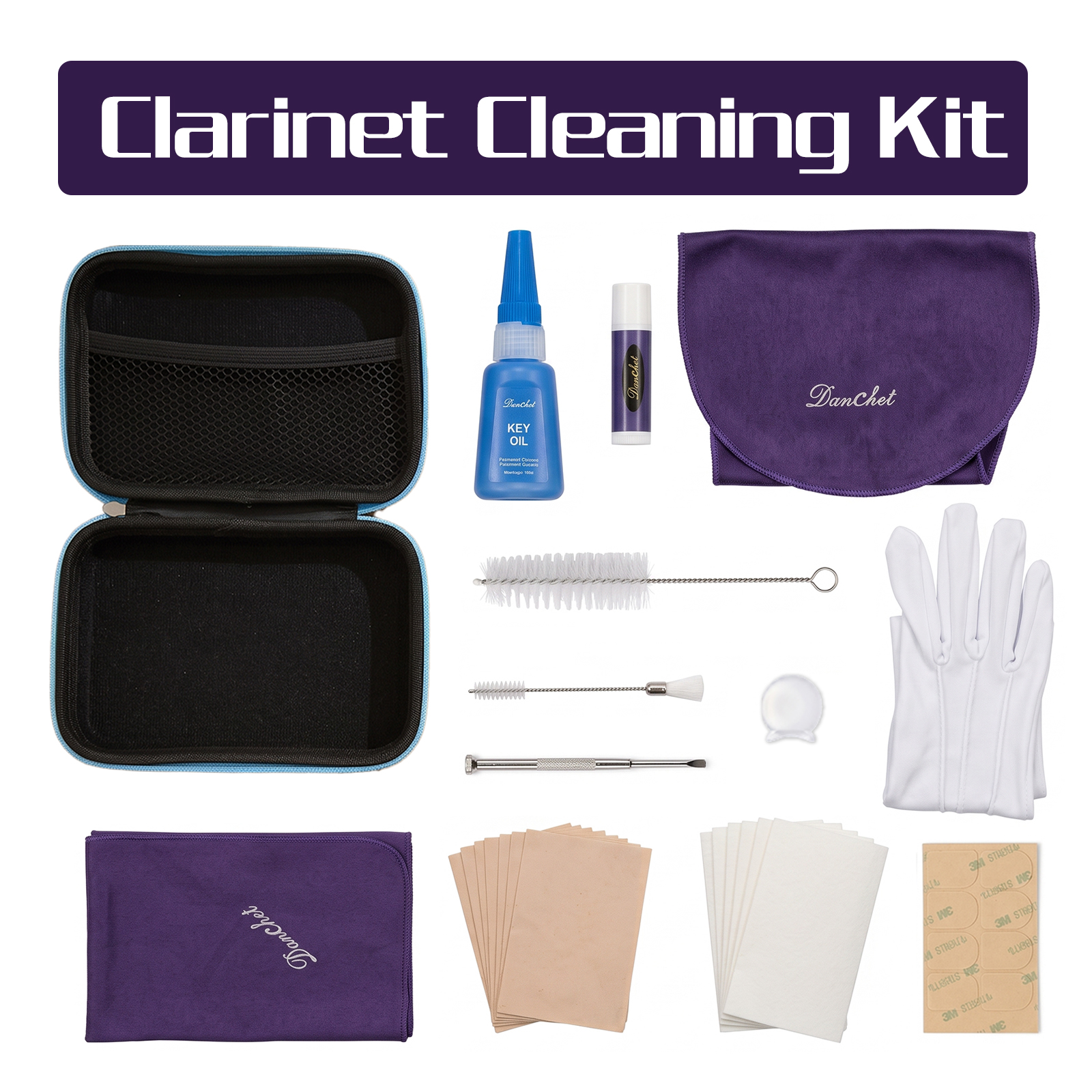 Clarinet Cleaning and Care Kit with Storage Bag, Swab, Cleaning Cloth, Key Oil, Cork Grease, Brushes, Screwdriver, Mouthpiece Cushion, Absorbent Paper for Clarinet Instrument Maintenance