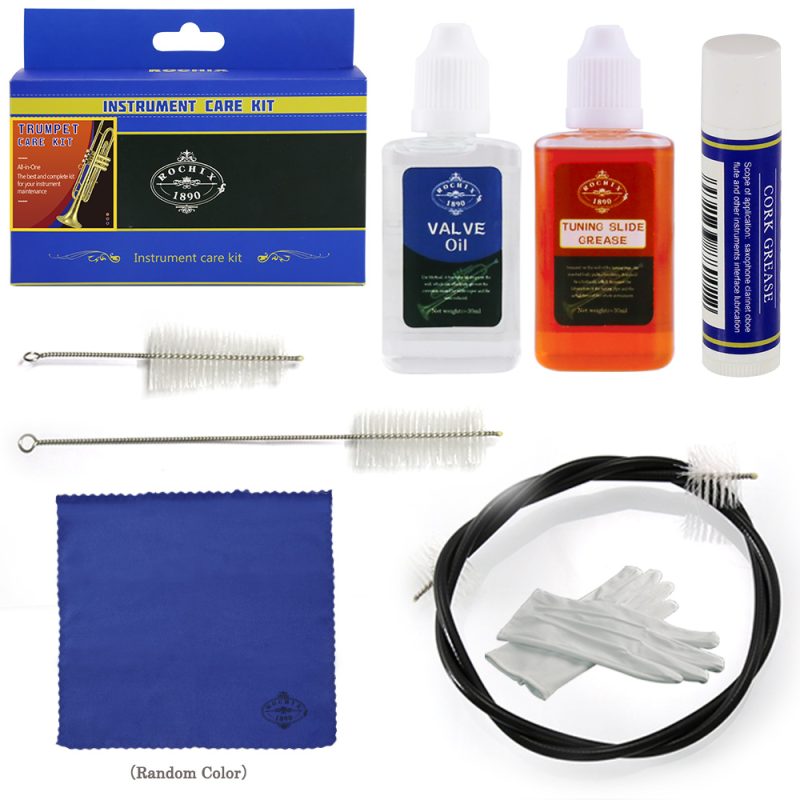 Trumpet/Cornet Cleaner Care Cleaning Kit,Maintenance Kit,Valve Oil,Tuning Slide Grease,Flexible Brush,Valve Brush,Mouthpiece Brush,Cork Grease,Cleaning Cloth and More(Random Color Cloths)