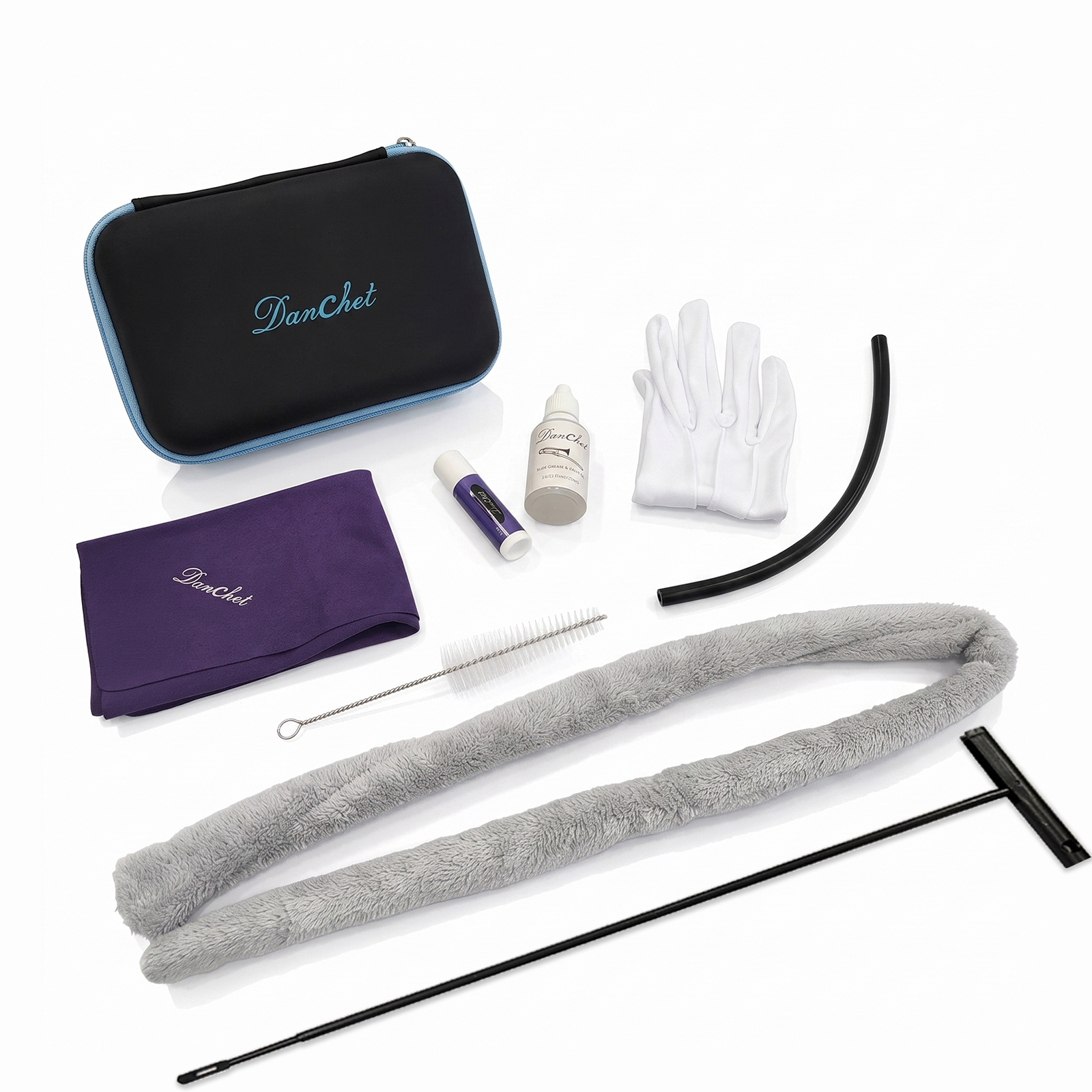 Trombone Cleaning Kit, Instrument Care Set with Storage Bag, Cleaning Rod, Inner Bore Cleaning Cloth, Trombone Lubricant, Cork Grease, Mouthpiece Brush, Glove and Black Rubber Strip for Trombone